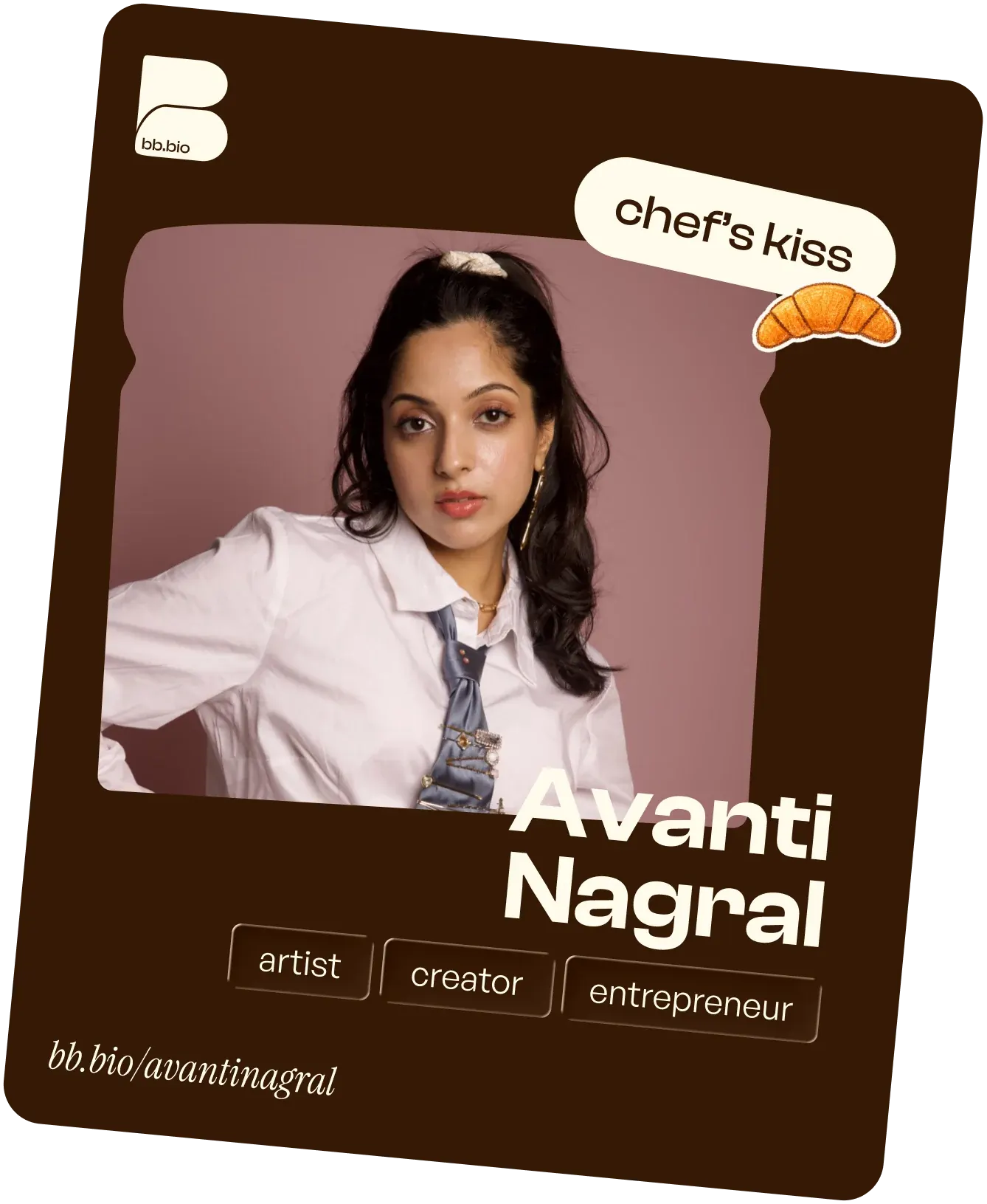 A toast-shaped bb.bio share card for a creator — artist, creator, entrepreneur tags with a chef’s kiss sticker