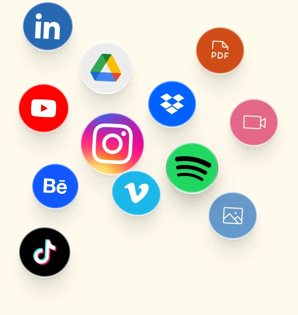 Floating platform icons — LinkedIn, YouTube, Instagram, Behance, TikTok, Vimeo, Drive, Dropbox and Spotify — gathered into the Vault